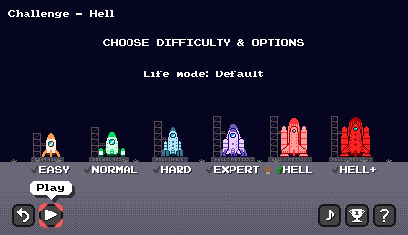 Challenge difficulty and life-mode selection screen