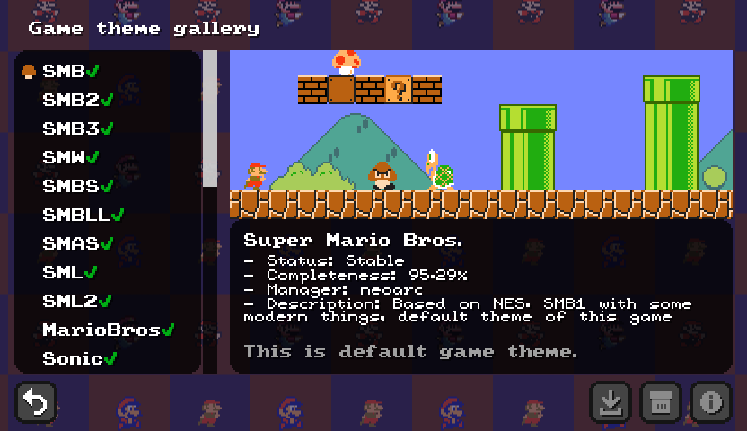 SFMB Game Theme Gallery showing theme details and a preview